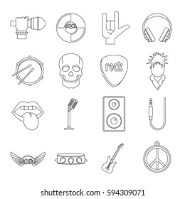 Rock music icons set. Outline illustration of 16 rock music vector icons for web