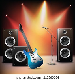 Rock music illuminated stage background with microphone electric guitar and speakers vector illustration.