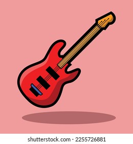Rock music instrument. Cool electro guitar with fretboard and frets. Colored flat vector illustration isolated on red background