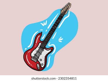 Rock music instrument. Cool red electro guitar cartoon style. Colored flat vector illustration isolated on background