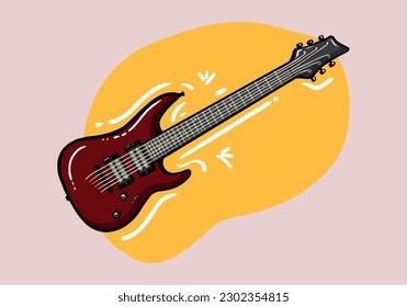 Rock music instrument. Cool red electro guitar cartoon style. Colored flat vector illustration isolated on background