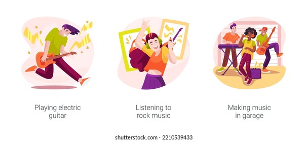 Rock music isolated cartoon vector illustration set. Boy playing electric guitar in room with posters, girl listening rock in headphones, horn sign gesture, garage band rehearsal vector cartoon.