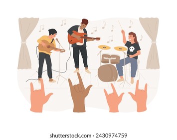 Rock music isolated concept vector illustration. Rock-and-roll concert, rock music festival culture, record store, live performance, garage recording studio, band rehearsal vector concept.