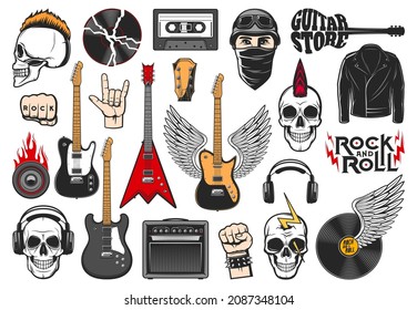 Rock music isolated vector icons of rock and roll, heavy and grunge metal guitars, loudspeaker and headphones. Rocker skulls with mohawk, lightnings and fire flame, vinyl record and audio cassette