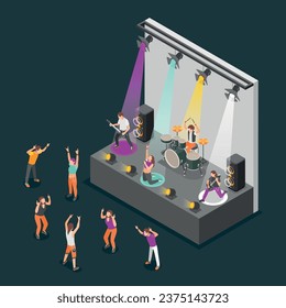 Rock music isometric composition with band on stage vector illustration