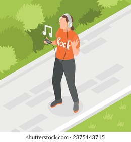 Rock music isometric composition with man wearing headphones in park vector illustration