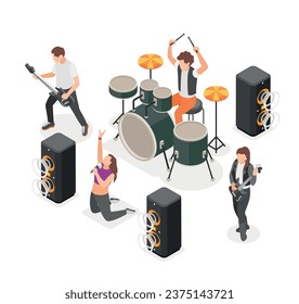 Rock music isometric composition with people and instruments vector illustration