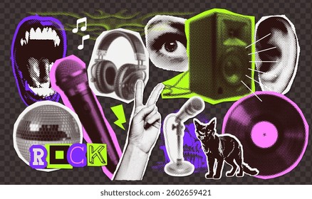 Rock Music karaoke halftone collage elements set. Hands, microphones, headphones, eye, singing mouths, ear torn paper stickers. Trendy modern retro grunge vector illustration on dark background