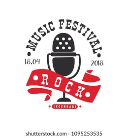 Rock music legendary festival logo, black and red poster with vintage microphone vector Illustration on a white background