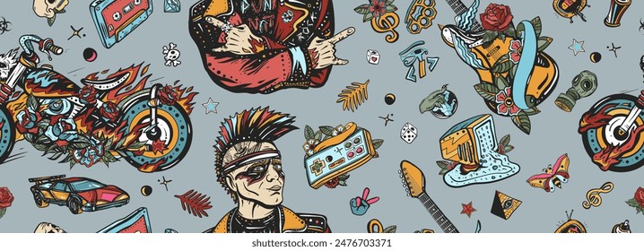 Rock music lifestyle. Old school tattoo seamless pattern. Punk rocker musician, motorcycles and electric guitars, joystick. Symbol of street culture