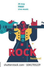 Rock music live festival poster vector illustration for concert placard or entry ticket, advertisiement flyer. Flat cartoon design template rocker man with electric guitar and devil horns hand gesture