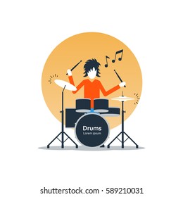 Rock music live performance, drummer playing music, rehearsal concept, vector flat illustration