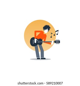 Rock music live performance, guitarist playing music, rehearsal concept, vector flat illustration