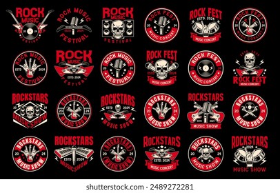 Rock music logo sign badge vector collection. Vintage hard rock festival and rockers music club logo with retro style vector design. Set of design elements for rock music festival