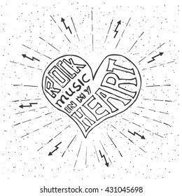 Rock music in my heart. Hand drawn lettering design with heart. Typography concept for t-shirt design or web site. Vector illustration.