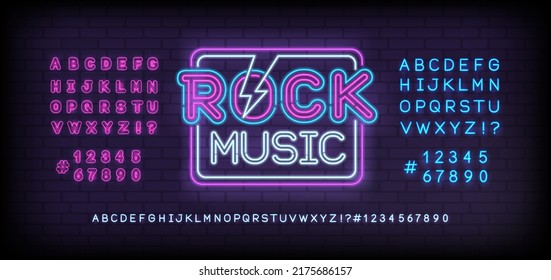 Rock Music Neon Light sign with type font - editable vector template. Neon tube letters design for Rock music, Light sign. Neon font. Rock n Roll Party in retro 80s - 90s style lettering design