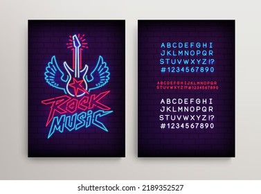 Rock Music Neon Light sign with guitar and type font - editable vector poster template. Neon tube letters design for Rock neon sign. Neon font. Rock Party in retro 80s - 90s style lettering