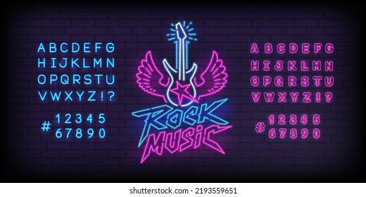 Rock Music Neon Light sign with guitar and type font - editable vector template. Neon tube letters design for Rock music sign. Neon font. Rock n Roll Party in cyberpunk 80s - 90s style lettering