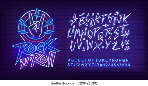 Rock Music Neon Light Sign With Type Font - Editable Vector Template. Neon Tube Letters Design For Rock Music, Bar Light Sign. Neon Font. Rock Party Cyberpunk Style Lettering Design