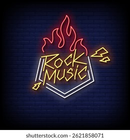 rock music neon sign with brick wall background vector