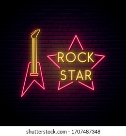 Rock Music neon sign. Bright light guitare and star emblem for Rock Pub, Cafe, Karaoke.Vector Neon Signboard. Rockstar glowing icon.