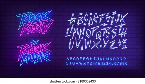 Rock Music Neon Sign With Cyberpunk Style Typeface. Neon Banner Design For Rock Music Festival, Light Sign, Neon Font. Rock Party Lettering Design. Punk Rock Music Font. Editable Vector Template