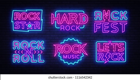 Rock Music Neon Signs Collection Vector. Design template neon signboard on Rock Music, Light banner, Bright Night Advertising, Design elements for Rock Music Festival, Concert. Vector