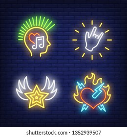 Rock music neon signs set. Leisure and entertainment design. Night bright neon sign, colorful billboard, light banner. Vector illustration in neon style.