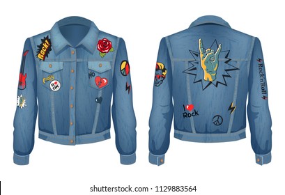 Rock Music Outfit Jeans Jacket With Patches. Horns Fingers Showing Rock Gesture, Roses In Bloom, Peace Sign And Bolts Patches Vector Illustration