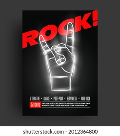 Rock music party or concert or festival flyer or poster or banner design template with neon glowing rock hand gesture on black background. Vector illustration