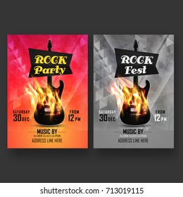 Rock Music Party Flyer,  Banner or Club Invitation presentation in two different color option, illustration of guitar on fire.