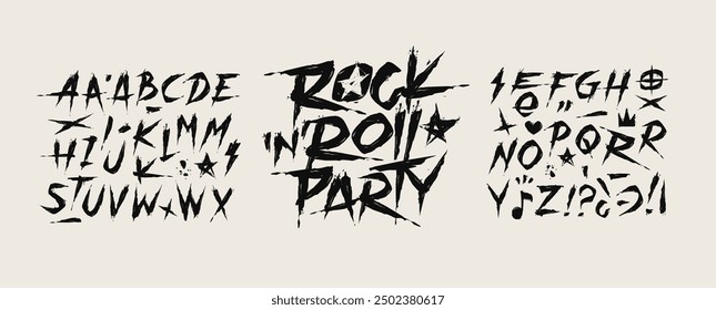 Rock Music Party grunge type font alphabet with signs and symbols (editable vector set 2). Street Art grunge type font. Punk and Rock n Roll style elements collection for tee print and textile design