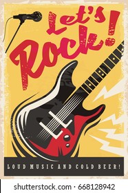 Rock music party retro poster design with electric guitar on grunge yellow background. Concert invitation concept.