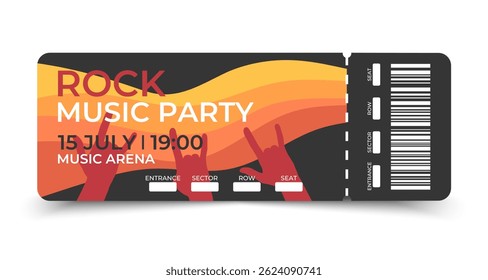 Rock music party ticket template design. Music event coupon. Vector illustration