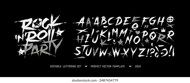 Rock Music Party vintage grunge Font Type alphabet with vector signs and symbols. Street Art grunge type font. Punk Rock style elements collection for tee print and textile design