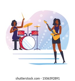 Rock Music Performers Flat Vector Illustration. Female Drummer and Electric Guitar Player Cartoon Character. Professional African American Girls Band on Stage. Rock n roll Music Show Performance