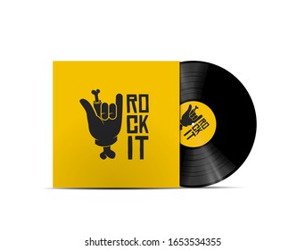 Rock music playlist cover concept. Rock-n-roll vinyl disk record mockup isolated on white background. Vector illustration.