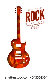 Rock music, poster background template. Vector isolated electric guitar illustration for graphic design. Shadows can be turned off for a flat decorated guitar.