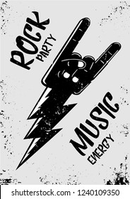 Rock music poster with hand and thunderbolt. Grunge style poster. Live party template.