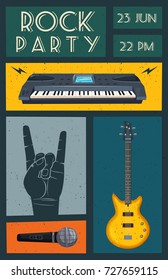 Rock music poster. Old school party. Cartoon vector illustration.