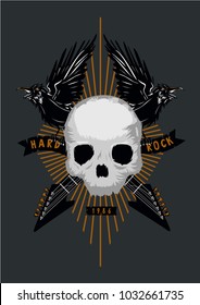 Rock music poster with skull, birds and guitar. Grunge style. Vector illustration. Heavy metal tattoo.