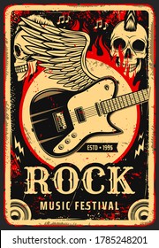 Rockmusik-Poster mit Schädel und E-Gitarre auf Flügeln, Vektorgrunge rotes Design. Hard Rock-Musik-Konzert und schweres Mentalband-Festival, Punk-Schädel in Flammen, Noten und Gitarrenlautsprecher