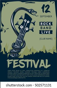 Rock music poster with snake and guitar. Grunge style background