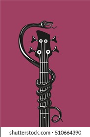 Rock music poster with snake and guitar. Grunge style background