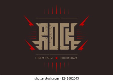 Rock - music poster with stylized inscription, red lightnings and star. Rock and roll - t-shirt design. T-shirt apparels cool print with inscription.