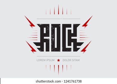 Rock - music poster with stylized inscription, red lightnings and star. Rock and roll - t-shirt design. T shirt apparels cool print.