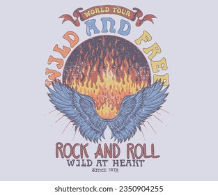 Rock music poster. Wild and free t-shirt design. Rock and roll vector graphic print design for apparel, stickers, posters, background and others .Eagle wing artwork. Fire art.