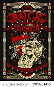 Rock music print. Bearded man and old audio cassette. Let's Rock slogan. Heavy metal. Musical old school art, t-shirt design 