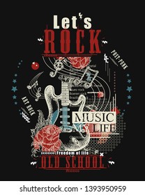 Rock music print. Electro guitar and roses. Let's Rock slogan. Musical vector art, t-shirt design 