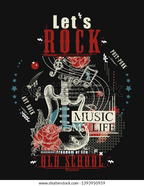 Rock music print. Electro\
guitar and roses. Let\'s Rock slogan. Musical vector art, t-shirt\
design 